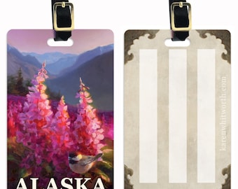 Alaska Luggage Tag - Alaska Cruise Gift - Mountain Wildflowers & Chickadee Traveler Accessories - Stocking Stuffer Ornament