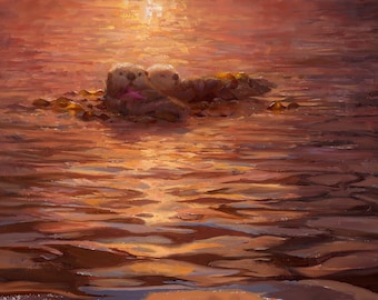 Sea Otters Wall Art Print of Sunset Ocean Painting with Warm Colors and Coastal Themed Home Decor