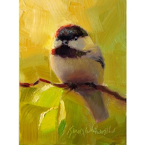 Chickadee Painting Wall Art Print - Springtime Greens and a Plump Happy Bird in This Cheerful Artwork