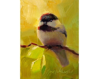 Chickadee Painting Wall Art Print - Springtime Greens and a Plump Happy Bird in This Cheerful Artwork