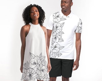 Couples Matching Hawaii Outfits Dress and Shirt for Him and Her Tropical Hibiscus Flower Polo and Flowy Flower Print Sun Dress