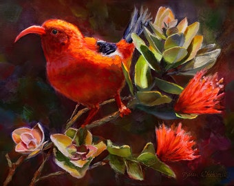 Hawaiian Bird Art Print - Painting of Iiwi Bird with Ohia Lehua Tree, Native Hawaiian Bird Art, Hawaii Wildlife Painting