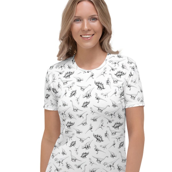 Chemise dinosaure pour femme avec imprimé Dino sur le thème de la science sur un t-shirt ajusté à manches courtes et col rond pour femme.