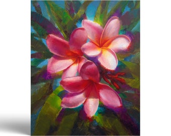 Hawaiian Flowers Art Print of Plumeria Painting, Tropical Flower Wall Art Print, Pink Floral Artwork, Dark Botanical Art Print