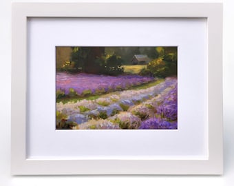 Framed Lavender Field Wall Art, Floral Farmhouse Painting, Ready to Hang Farmhouse Wall Art, White Framed Wall Art, Purple Color Palette Art