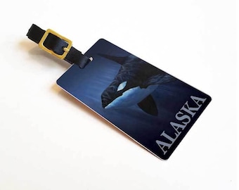 Alaska Luggage Tag with Orca Whale - Cruise Travel Gift Idea - Coastal Stocking Stuffer - Underwater Ocean Christmas Ornament