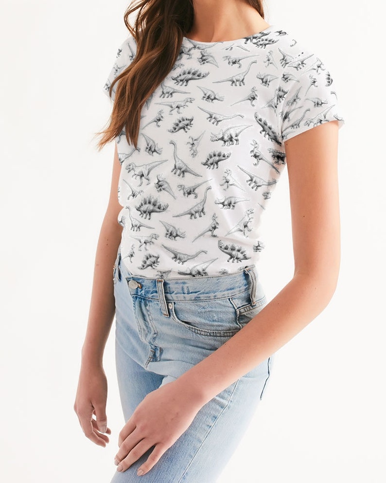 Adult Dinosaur Shirt With Short Sleeves On A White Women's Tee With Dino Art Pattern