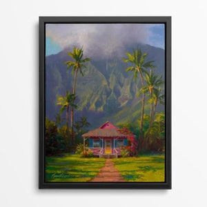 Hawaii Art Painting, Tropical Wall Art Canvas, Kauai Art Large Landscape Painting, Hanalei Kauai Painting, Big Hawaii Canvas, Hawaii Decor Black Float Frame
