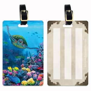 Hawaii Sea Turtle Luggage Tag - Hawaiian Travel Accessory Gift Idea with Tropical Fish Underwater Ocean Reef- Honu Tag- Stocking Stuffer Art