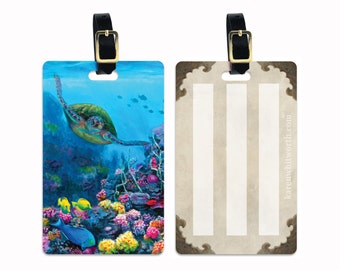 Hawaii Sea Turtle Luggage Tag - Hawaiian Travel Accessory Gift Idea with Tropical Fish Underwater Ocean Reef- Honu Tag- Stocking Stuffer Art