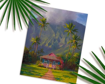 Hawaii Art Print of Kauai Landscape Painting with Hanalei Cottage a Tropical Hawaii Wall Art Painting, Island Vibe, Hawaii Inspired