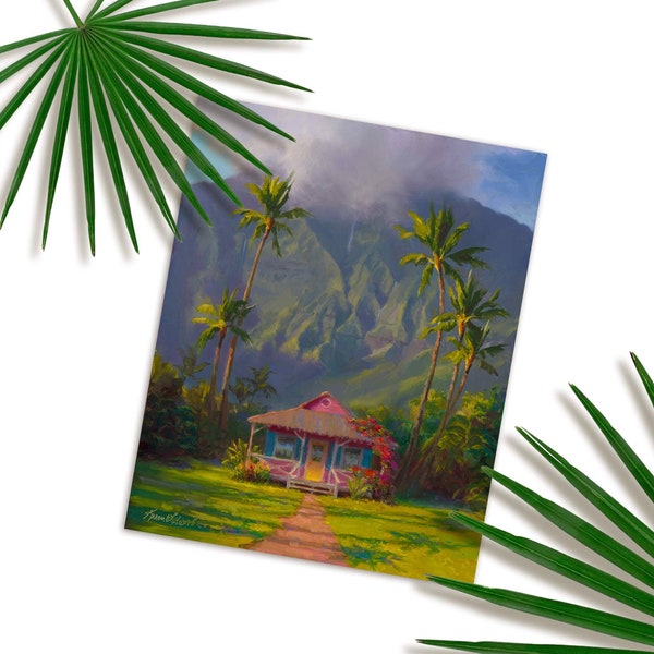 Impression d'art d'Hawaï de la peinture de paysage de Kauai avec le cottage de Hanalei une peinture d'art de mur d'Hawaï tropicale, ambiance d'île, inspiration d'Hawaï
