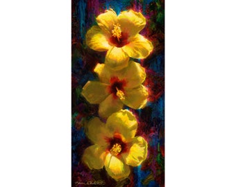 Tropical Hibiscus Flower Wall Art Print of Yellow Hawaiian Floral Painting