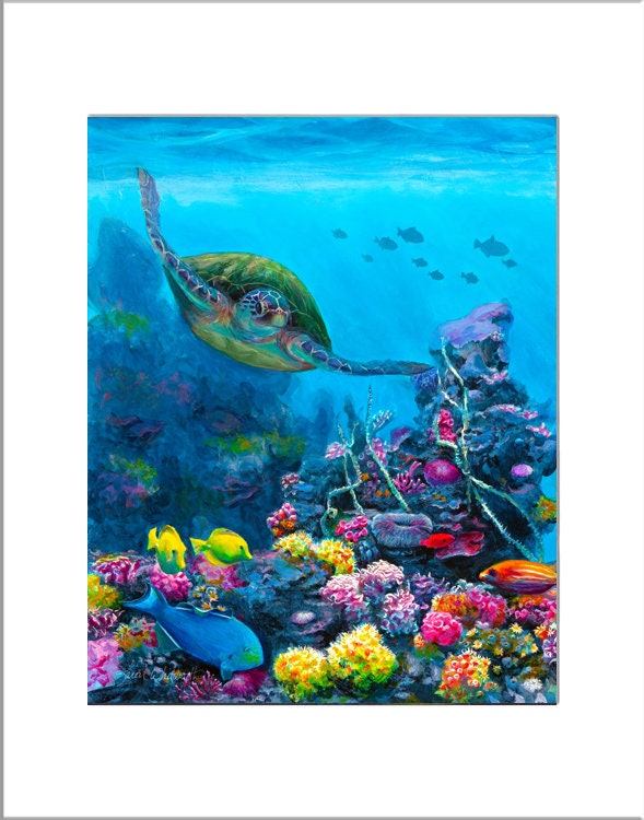 Sea Turtle Wall Art Print of Ocean Painting With Tropical Coral