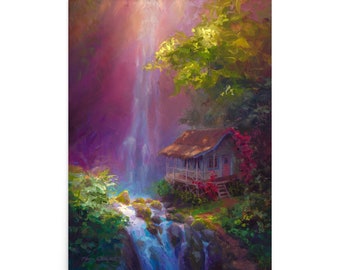 LARGE Hawaii Wall Art Print, Waterfall Painting Print, Tropical Jungle Artwork for Living Room, Hawaiian Scenery