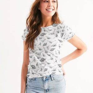 Adult Dinosaur Shirt With Short Sleeves On A White Women's Tee With Dino Art Pattern