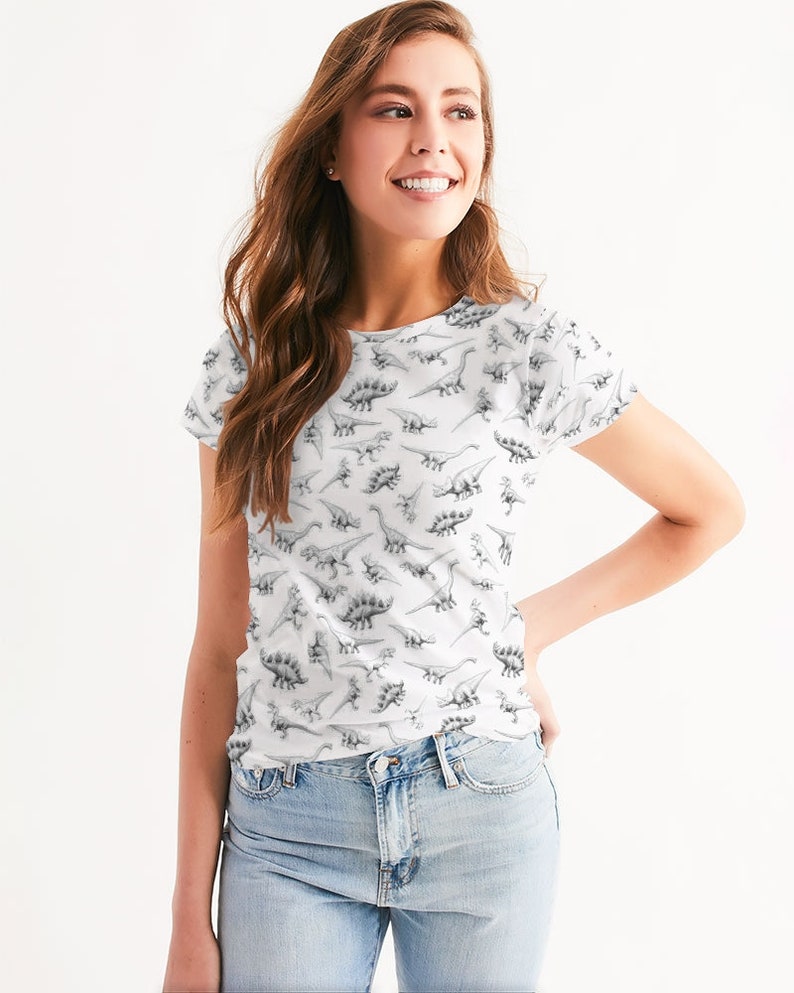 Adult Dinosaur Shirt With Short Sleeves On A White Women's Tee With Dino Art Pattern