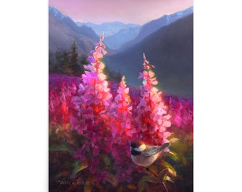 Alaska Art Mountain Landscape Pink Wall Art Print, Wildflowers and Chickadee Bird in Beautiful Alaskan Scenery Painting