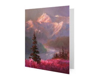 Alaska Mountains & Wildflower Greeting Card With Envelope With Painting of Denali and Fireweed