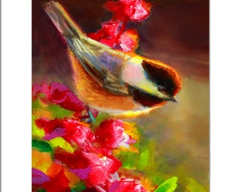 Chickadee Bird Wall Art Print of Painting With Fireweed and Bird in Warm Color Scheme - "Summer Chickadee 1"