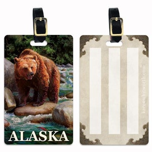 Brown Bear Alaska Luggage Tag, Alaska Cruise, Alaskan Souvenir Alaska Travel Gift Ideas, Grizzly Bear Luggage Tag with Leather Buckle image 2