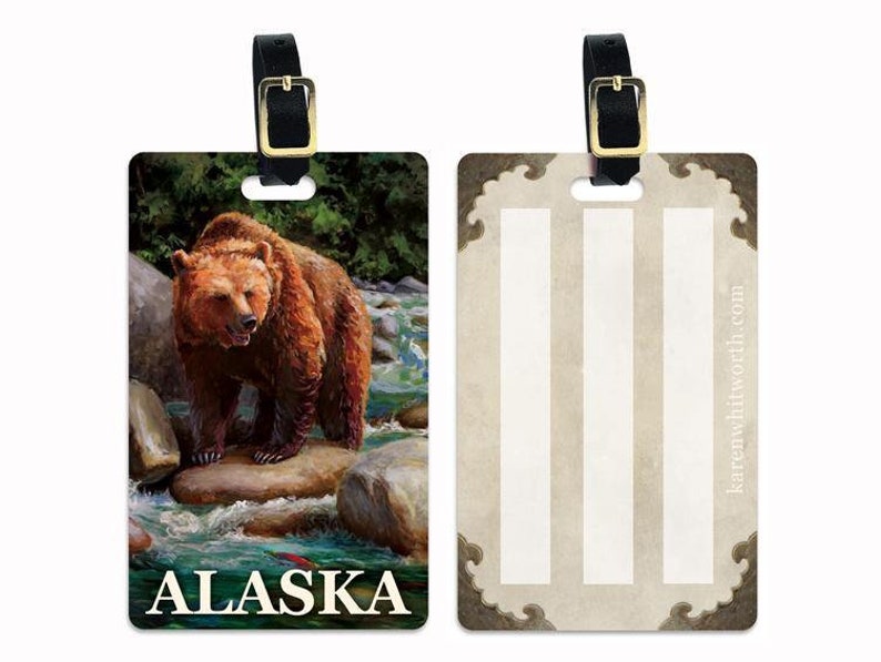 Brown Bear Alaska Luggage Tag, Alaska Cruise, Alaskan Souvenir Alaska Travel Gift Ideas, Grizzly Bear Luggage Tag with Leather Buckle image 2