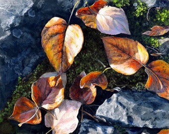 Orange Leaves Wall Art Print of Autumn Fallen Leaf Painting