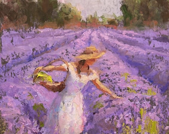 Impresión de arte de pared de lavanda de pintura de campos de lavanda en flor, arte floral de mujer recogiendo flores, decoración de baño de lavanda, tema de lavanda