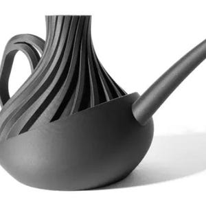 May include: A black watering can with a unique design. The spout is long and curved, and the body of the can is shaped like a bulb with a ribbed texture.