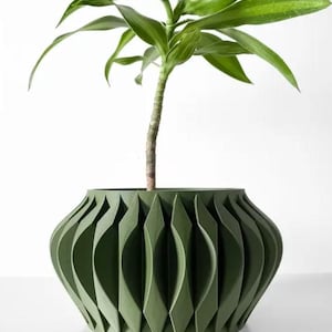 May include: A green ceramic planter with a unique, folded design. The planter is filled with a green plant with long, narrow leaves.
