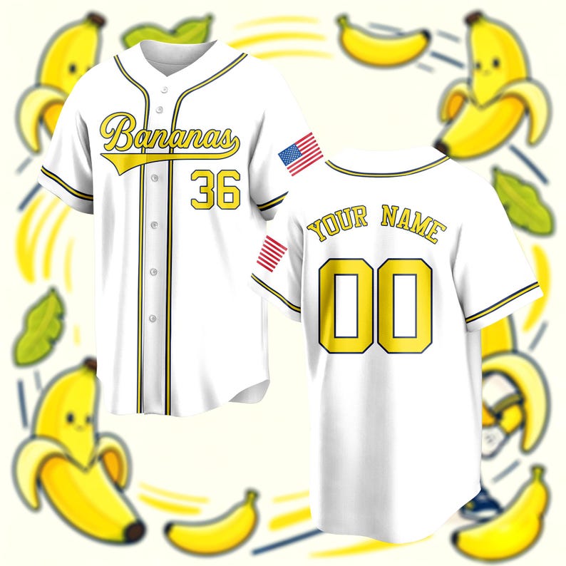 May include: A white baseball jersey with yellow and black trim. The front features the text Bananas and the number 36 in yellow with black outlines. The back displays the text YOUR NAME and the number 00. An American flag patch is on the sleeve.