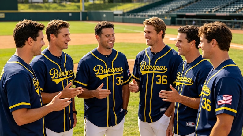 May include: A group of individuals wearing dark blue baseball jerseys with yellow trim and the word Bananas printed in yellow script across the chest. The jerseys feature the number 36 in yellow and a small American flag patch on the sleeve.