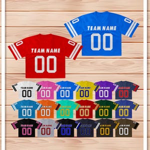 May include: A collection of football jerseys in various colors, including red, blue, white, and yellow. Each jersey features the text "TEAM NAME" and the number "00" in a contrasting color. The jerseys have white stripes on the sleeves.