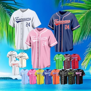 May include: Baseball jerseys in various colors, including white, pink, and blue. Each jersey displays the text "Teamname" and the number "24". The jerseys have button-up fronts and contrasting sleeve stripes. The image showcases a variety of team uniform options.
