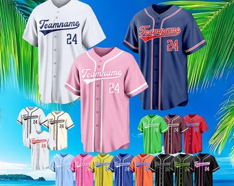 May include: A collection of short-sleeved button-down baseball jerseys in various solid colors including white, navy blue, pink, green, red, yellow, and black. Each jersey features the text Teamname and the number 24 on the front chest area.