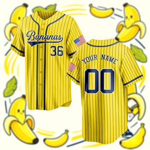 May include: A yellow baseball jersey with thin dark blue pinstripes, featuring the text Bananas and the number 36 on the front, and the text Your Name and 00 on the back. Both sides display a small United States flag patch on the sleeve.
