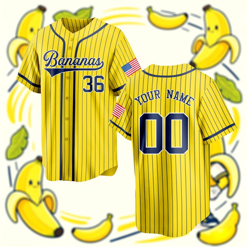 May include: A yellow baseball jersey with thin dark blue pinstripes, featuring the text Bananas and the number 36 on the front, and the text Your Name and 00 on the back. Both sides display a small United States flag patch on the sleeve.
