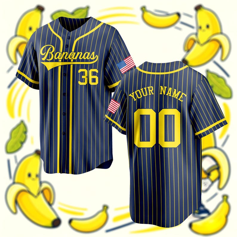 May include: A navy blue baseball jersey with yellow pinstripes, featuring the word Bananas in yellow script, the number 36, and an American flag patch on the sleeve. The back displays the text YOUR NAME and the number 00 in yellow lettering.