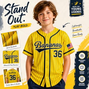 May include: A yellow baseball jersey with thin black pinstripes, featuring the word Bananas and the number 36 in navy blue on the front. The shirt has a button-down front, navy trim, and a small American flag patch on the left sleeve.
