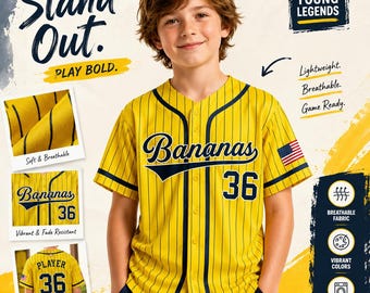 Custom Bananas Jersey, Personalized Name Number Banana Shirt, Yellow Team Uniform Gift for Savannah Bananas Fans Kids Boys Girls