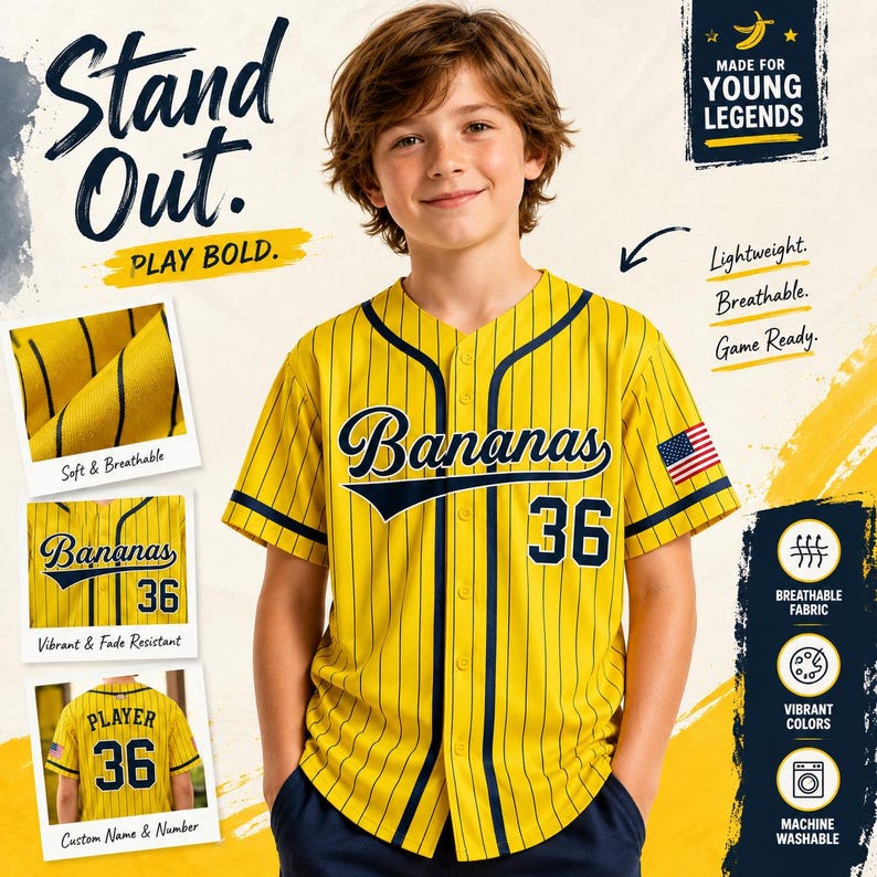 May include: A yellow baseball jersey with thin black pinstripes, featuring the word Bananas and the number 36 in navy blue on the front. The shirt has a button-down front, navy trim, and a small American flag patch on the left sleeve.