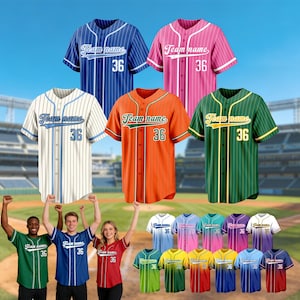 May include: A collection of short-sleeve button-down baseball jerseys featuring vertical pinstripes or solid colours. Each jersey displays the text Team name and the number 36 on the front. The shirts are available in various colours including blue, pink, white, orange, and green.