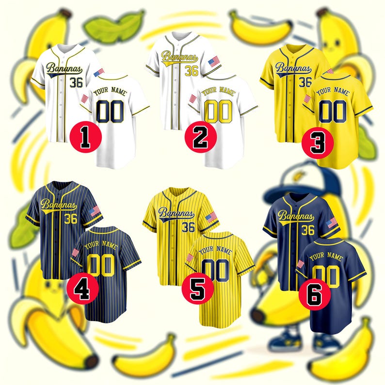May include: Six baseball jerseys in white, yellow, and navy blue with pinstripes or solid colors. Each jersey features the text Bananas, the number 36, a small American flag patch, and a back view with the text Your Name and the number 00.