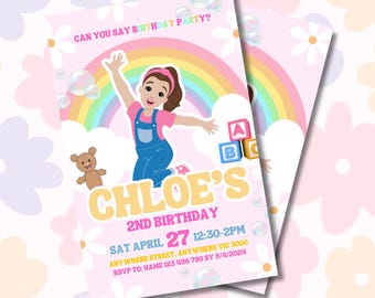 May include: Pink birthday party invitation featuring a cartoon girl jumping in front of a rainbow. The invitation includes the text "Chloe's 2nd Birthday" with date, time, and RSVP information. Bubbles and a teddy bear are also featured.
