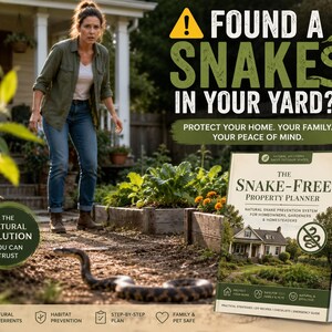 May include: A book titled The Snake-Free Property Planner featuring a natural snake prevention system for homeowners, gardeners, and homesteaders. The cover displays a house, a no-snake symbol, and text including Found a Snake in Your Yard?