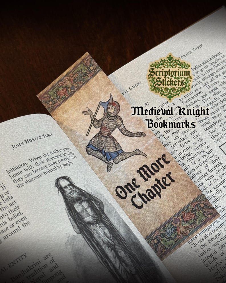 May include: Medieval Knight bookmarks with a medieval knight illustration. The bookmark has a tan background with a decorative border. The text "One More Chapter" is displayed on the bookmark.