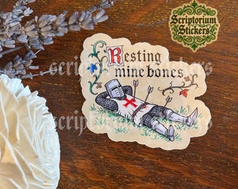 Resting My Bones Medieval Sticker | Meme Sticker, Medieval Marginalia Sticker, Medieval Knight Sticker, Nap Sticker, Burnt Out Sticker