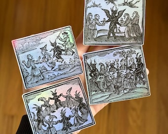 4pc Woodcut Witches Medieval Stickers | Witchy Sticker, Unique Gift, Art History Sticker, Medieval Art Sticker, Feminist, Holographic