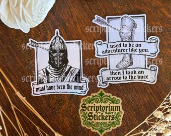 Video Game Medieval Stickers | Knight Stickers, Arrow To The Knee, Must Have Been The Wind, Medievalcore, Medieval Block Print Sticker