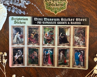 Pre-Raphaelite Knights and Maidens Mini Museum Sticker Sheet | 10pc Mini Stickers, Art History Sticker, Fine Art Sticker, Journaling Sticker
